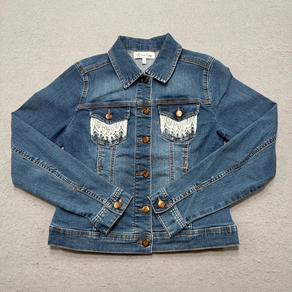 Starr Studios Jacket Women's Small Blue Denim Lace Back Panel Stretch Trucker